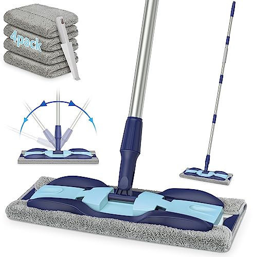 MEXERRIS Microfiber Mops for Hardwood, Laminate, Tile Floor Cleaning, Stainless Steel Handle - 4 Reusable Flat Mop Refills and 1 Dirt Removal Scrubber Included - Dry Dust Mop Commercial Home Use