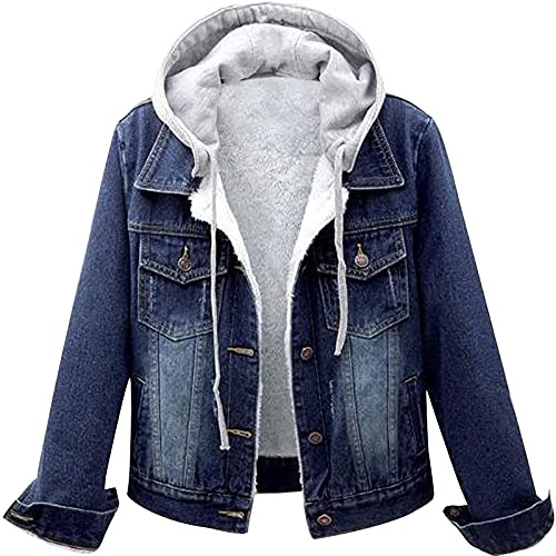 L9WEI Vestes en jean délavé rembourrées pour femmes, décontractée, avec manches longues, capuche, bleu foncé, M