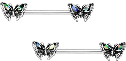 KUNASSHIR 14g Butterfly Nipple Piercing Jewelry Vintage Silver Nipple Bars 316L Stainless Steel Nipple Rings Nipple Barbells 14mm Body Jewelry for Women Girls