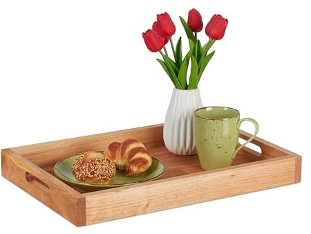 Relaxdays Bandeja Rectangular, Madera de Nogal, con Asas, Borde Alto, Desayuno, Decorativa, Cocina, 5x46x31 cm, Natural