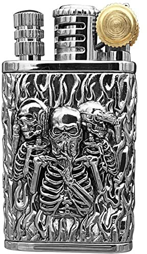 Briquet à Allumette permanente, Briquet rétro, Briquet à Flamme Douce Cool Skull, Briquet à kérosène réutilisable à Allumette permanente for Cadeau d'anniversaire for Hommes (Color : Silver)