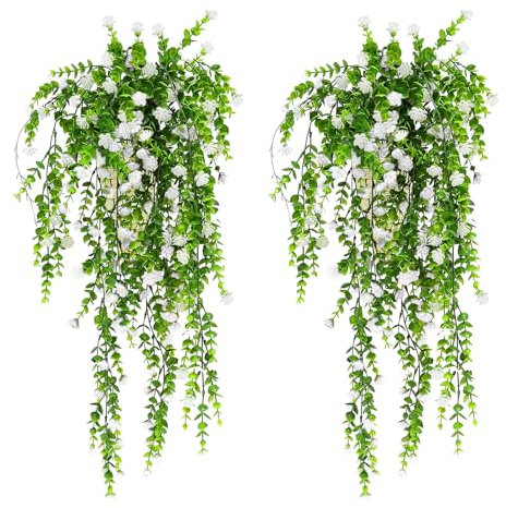 Zfseyuh 2 Stück Kunstpflanzen Hängend Künstliche Hängepflanzen Wie Echt Weiß Kunstblumen Hängend für Wanddekoration Indoor Outdoor Balkon Hausgarten