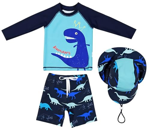 AIWUHE Jungen Kinder Badeanzug Dinosaurier 2er Set Rashguard Langärmliges Top+Badeshorts Uv-Schutz Schwimmanzug mit Hut Blauer Dinosaurier 100