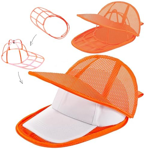 Lavar Gorras Lavadora de Béisbol, Plegable Soporte para Gorras y Funda de Malla con Cremallera para Evitar que las Gorras se Deformen, Bolsa Protectora Accesorios para Lavadoras, Naranja, 2 Pieza