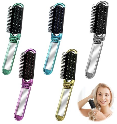 Wekuw Faltbare Haarbürste mit Spiegel, 5 Stück Klappbürste Reisebürste Tragbare Mini Pocket Haarbürste Reisehaarbürste Kompakte Klapp Haarmassagekamm Haarmassage Bürsten für Mädchen, Herren, Frauen