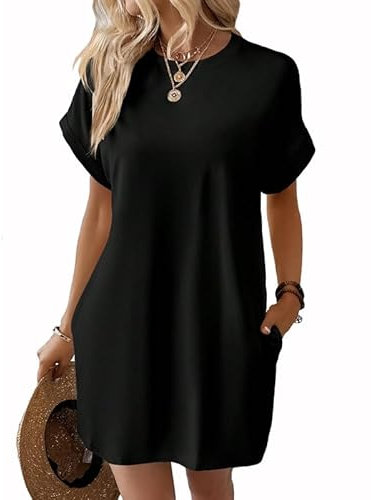 AOWVUTS Women's Summer Dresses Casual Short Sleeve Mini Dress Loose Crew Neck T-Shirt Tunic Dress with Pockets Black