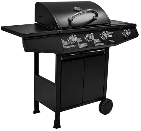 Amig - Gasgrill Fireplus 3+1 mit 8,4 kW | Schwarzer Edelstahl | Grillwagen Modell GRILL-3F | XXL-Grill mit Wagen und Thermometer | 117x52x103 cm | 4-Brenner und Seitenablage