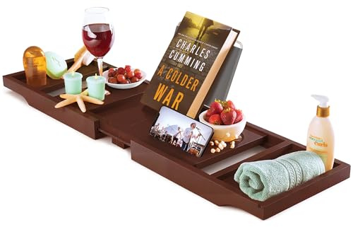 Brown Bathtub Tray for Tub - Bamboo Bath Tray, Expandable Wooden Bath Caddy Tray with Wine Holder, Book and Tablet Stand, Bathroom Accessories, Tub Table, Bridal Shower Gifts for Women