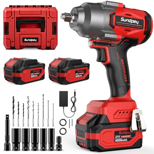 Sundpey 1100Nm Cordless Impact Wrench - 812Ft-lbs Brushless Impact Gun with 2 * 4.0Ah Battery - 21V High Torque Impact Wrench with 5 Sockets & 9 Drill Bits & 1/2 Hexagonal Adapter for Car Truck Home