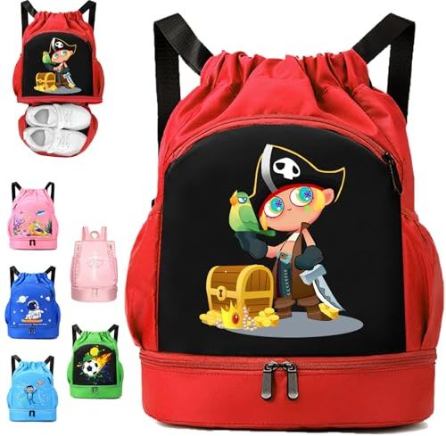 YOUYIKE Niños Mochila de Fitness, Deportiva Impermeable Bolsa de Playa, Bolsa para Viajes de Gimnasio, Adecuado Chico Chica Bolsas Deport, Mochila Con Cordón Piratas, Rojo