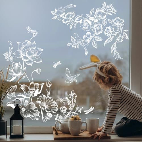 Supzone Fensteraufkleber Weiße Lotusblume Fensterbilder Frühling Sommer Blumenzweig Fenster Abziehbilder Doppelseitige Statische Anti-Kollision Fensterfolie Glas Fenster Türen Fensterdekoration