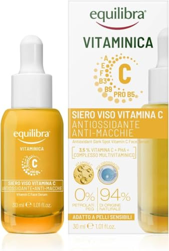 Equilibra, Siero Viso Vitamina C, con Vitamina C, Complesso Multivitaminico e Polidrossiacidi, Azione Antiossidante e Anti-macchie, Ideale per controllare aspetto macchie scure, 30 ml
