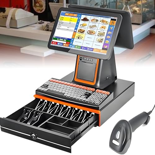 Kassaregister, allt-i-ett-kassaregister med dubbla pekskärmar, 15,6, kassasystem för småföretag med CPU I5, 8 GB RAM, 128 GB SSD, för detaljhandel och restaurang Black-B
