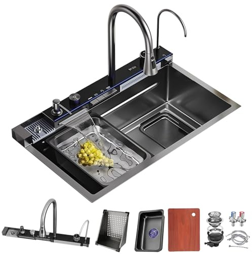 DSMRLEOP 80 x 45 cm, grande lavello da cucina, design a cascata, finitura nera in acciaio inox, 1 vasca, lavello con rubinetto estraibile all-in-one, bicchieri e scolapiatti cucina con set di