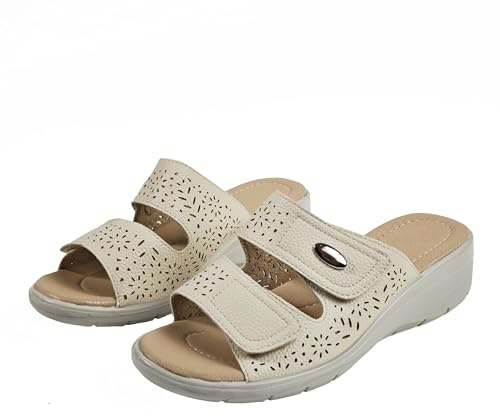 Ciabatte Donna Comode per Camminare Estive con Doppio Strappo Regolabile Sandali Traspiranti con Zeppa Bassa Antiscivolo Beige 36