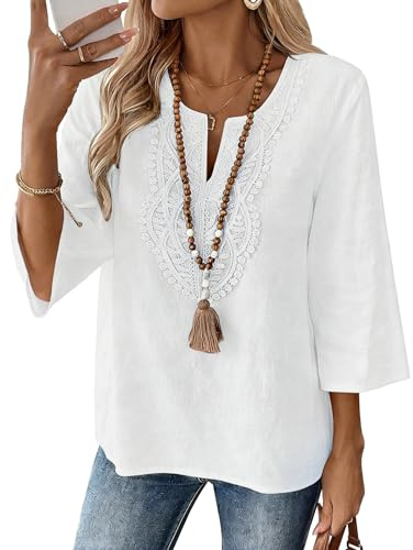 FDKLOOK Womens Linen Top Cotton 3/4 Sleeve V Neck Lace Boho Shirts | Linen Clothes,Lace Patchwork,Ladies 3/4 Sleeve Shirt,Solid Colour,Cotton Top,Pullover Loose Fitted,Summer Casual Shirts