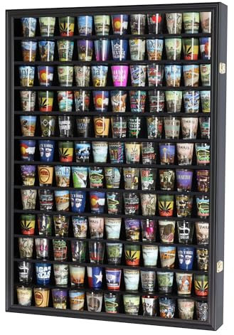 Large 144 Shot Glass Display Case Rack Solid Wood Cabinet Holder Wall Curio Cabinet Shadow Box for Action Figures Small Figurines - Lockable with UV Protection Door - Black Finish