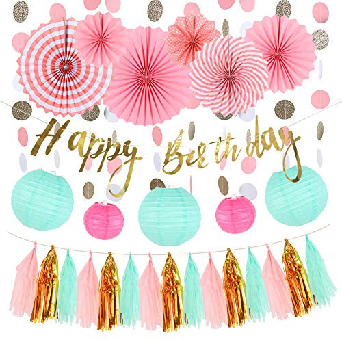 SUNBEAUTY Mint Rosa Geburtstagsdeko Kit,Happy Birthday Girlande,Geburtstag Deko Set with Papierlaternen Papierfächer Quasten Girlande,Party Deko Geburtstag für Mädchen Frauen Junge Kinder.