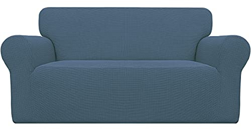 Easy-Going Stretch Loveseat Slipcover 1-Piece Sofa Cover Furniture Protector Couch Soft with Elastic Bottom for Kids Polyester Spandex Jacquard Fabric Small Checks (Loveseat, Bluestone)