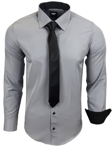 Subliminal Mode - Camisa para hombre de manga larga con cuello bicolor liso + Corbata negra, camisa de corte ajustado para negocios, fácil de planchar RN77, gris, L