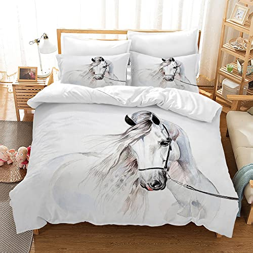 AVJWWD Bedding Duvet Cover Set 3D Print Horse Quilt Cover Bedding Sets 135×200cm, Animal Horse Print Microfibre Duvet Cover Set with 2 Pillowcases 50 ×75cm,for Boys Girls(H 03, 135x200cm)