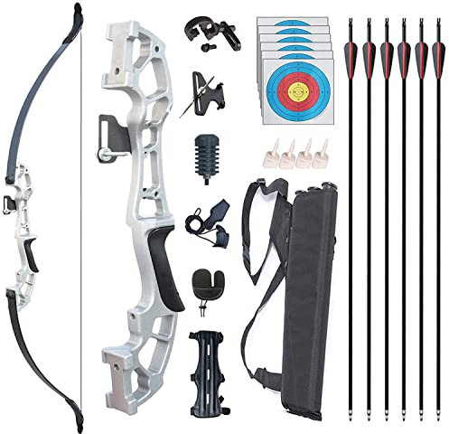 Monleap Archery Recurve Bogen und Pfeile Set für Erwachsene Metall Riser 54 Longbow Kit Rechtshänder gerader Bogen für Anfänger Outdoor Jagd Schießübungen (Silber 30lb)