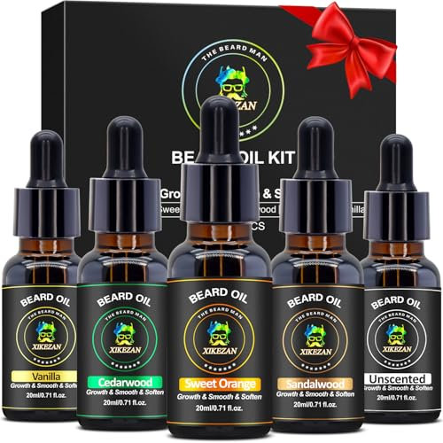 Beard Oil 5 Pack w/Sandalwood,Cedarwood,Vanilla,Orange,Unscented Christmas Stocking Fillers Fathers Valentines Day Gifts for Men Him Dad Boyfriend Husband,Beard Growth,Soften,Moisturizing,Strength