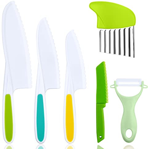 HOTUT Utensili da cucina Montessori, 6 coltelli per bambini in nylon per bambini, coltelli da cucina sicuri con bordi seghettati, pelapatate a Y per cucinare e tagliare frutta, adatti per bambini e