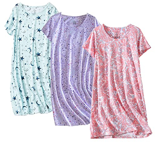 PNAEONG 3 Pack Women's Cotton Nightgown Sleepwear Short Sleeves Shirt Casual Print Sleepdress SY003-Paisley+Purple+Star-M
