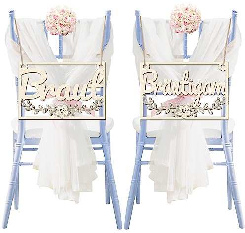 TOPJOWGA Stuhlschilder Hochzeit, 2 Stück Braut und Bräutigam Holzdeko für Stühle, Stuhlschilder aus Holz für Braut und Bräutigam, Hochzeit Stuhl Dekor Schild Hochzeitsdekoration Foto-Requisiten