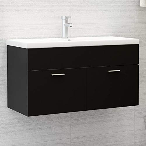 Homgoday Armario para debajo del lavabo con 1 compartimento y 2 puertas, armario colgante para lavabo, mueble de baño, color negro, 90 x 38,5 x 46 cm