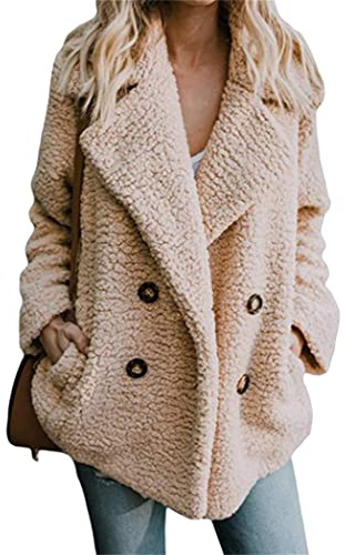 OMZIN Abrigo De Oso De Peluche Para Mujer Chaqueta De Lana Sintética Con Bolsillos Bolsillos Delanteros De Imitación Con Doble Botonadura Abrigo Mangas Largas Outwear Beige M