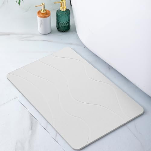Pure 4Home Alfombra Diatomita Baño 60x40 – Secado Rápido, Antideslizante y Antibacteriana – Alfombrilla Piedra Diatomita Super Absorbente – Alfombrilla Diatomita - Stone Bath Mat (White Waves)