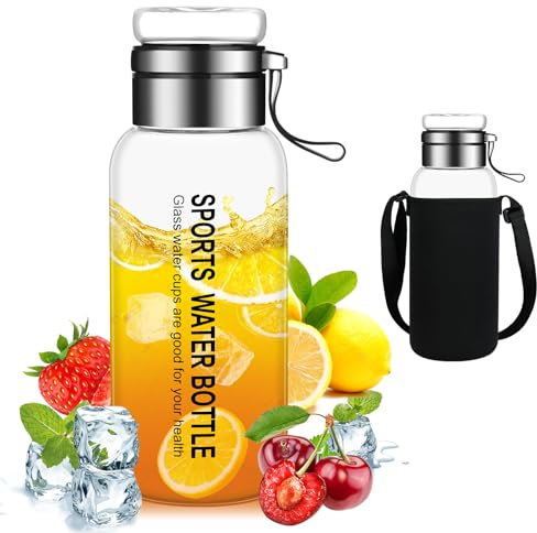 flintronic Glass Water Bottle-1 Liter, Borosilicate Glass Drink Bottle with Stainless Steel Filter, Leak-proof & BPA Free, Tea/Fruit Infuser for Home, School, Travel