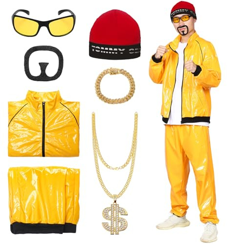 Suffolly 90s Fancy Dress Costumes Men 7 Pcs Shell Suit 80s 90s 80s Fancy Dress Men,Halloween Costumes for Men‘s,Fancy Costume for Disco,80s 90s Theme Party,Halloween,Stag Party (Yellow, M)