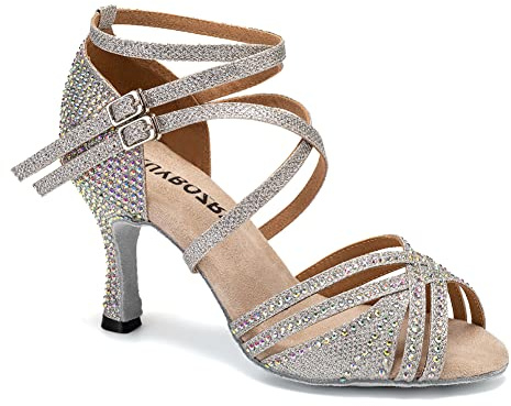 RUYBOZRY Chaussures de Danse Latine Femme Strass Bout Ouvert Talon Haut Chaussures de Salon Bachata Salsa Semelle en Daim avec Talon 8.5cm Argent,EU 41