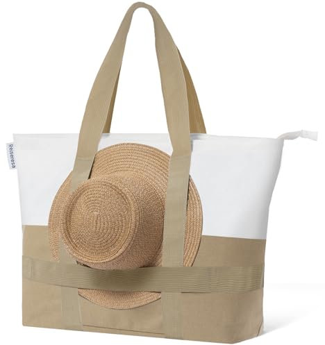 Reiseresa Strandtasche Damen Groß mit Reißverschluss XXL Badetasche Saunatasche Reisetasche Shopper für Strand Reisen Einkaufen Sport u.Arbeit, Beige
