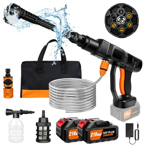 2 Battery Cordless Pressure Washer Max 45 Bar/652PSI High Pressure Electric Washer Portable 6-in-1 Nozzle Handheld Rechargeable Battery Powered Washer for Car Home Garden Wash, 5M Long Hose