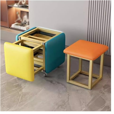 WIGSELBL 5 in 1 Nesting Ottoman Cube Chair,Stackable Stools Faux Leather Square Ottoman Bench,Stackable Sofa Chair Foot Stool with Swivel Casters for Living Room(Gold)