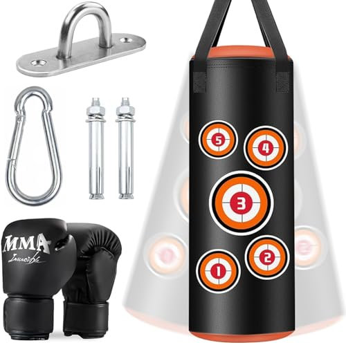 Boxsack Hängend Set – Hochwertiger Sandsack aus ultrafeinem Mikrofaser PU Leder, Boxsack Kinder 60 cm inklusive Haken, Boxhandschuhe für Gute Boxerfahrung für Muay Thai Karate Kickboxen Taekwondo