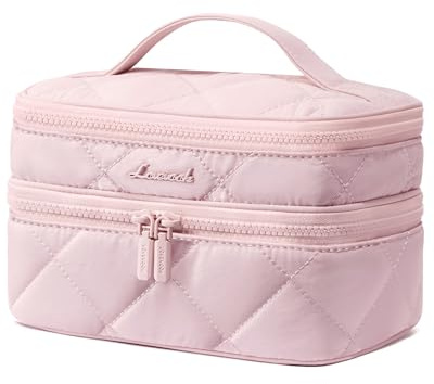 LOVEVOOK Kulturtasche Damen, Doppellagiger Puffer Kosmetiktasche Groß Kulturbeutel, Reise Leicht Make up Tasche mit Tragegriff, wasserdichte Schminktasche Waschtasche Kosmetikkoffer für Reisen, Rosa