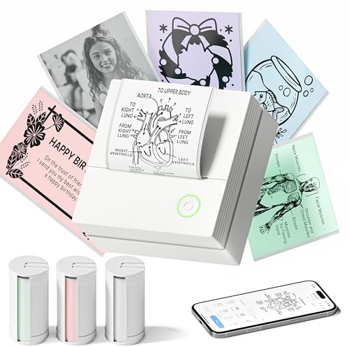 TYPONOS Sticker Drucker, PM290 Mini Drucker für Smartphone, Bluetooth Thermodrucker Mini mit 3 Rollen Papier, Minidrucker für Studiennotizen, Tagebücher, DIY Geschenke – Schule Büro, White, 1 Pack