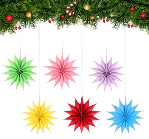 6 Pcs Paper Stars Hanging Christmas Decorations Indoor, 6 Colors With a Diameter Of 30cm,Large Tree Decorations, Paper Baubles Decor