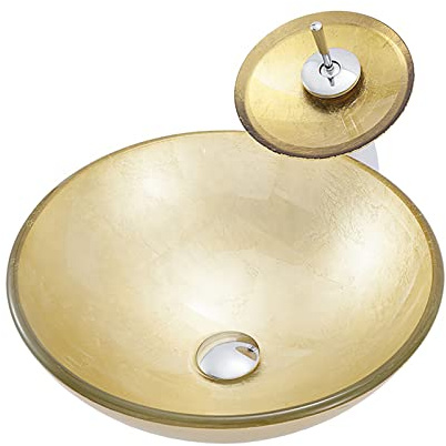 MYUYEE Lavabo de baño de Vidrio Templado Lavabo Redondo Lavabo sobre encimera Lavabo Dorado con Cascada.,