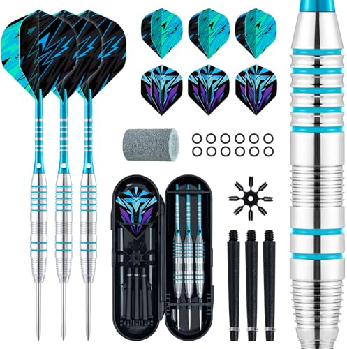 XAWU 3 Pack Steel Tip Darts Set Professional Darts 22g, 24g with 9 Dart Flights 3 Aluminum Shafts 3 Spare Shafts 1 Dart Sharpener 12 Rubber O-Rings Flight Protector and Darts Case