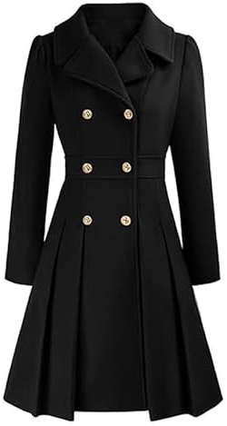 LIUYUYOUGO Women'S Long Wool Trench Coat Winter Warm Notch Lapel Double Breasted Duffle A-Line Peacoat Vintage Wool Blend Swing Dress Coats Elegant Midi Long Outwear Overcoa Black S