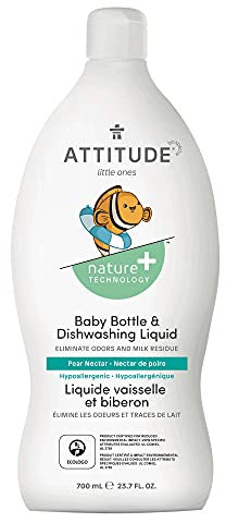 ATTITUDE Liquide Vaisselle et Nettoyant pour Biberons pour Bébé, Certifié EWG, Sans Colorants, Efficace contre les Résidus de Lait et la Graisse, Végan, Nectar de Poire, 700 mL