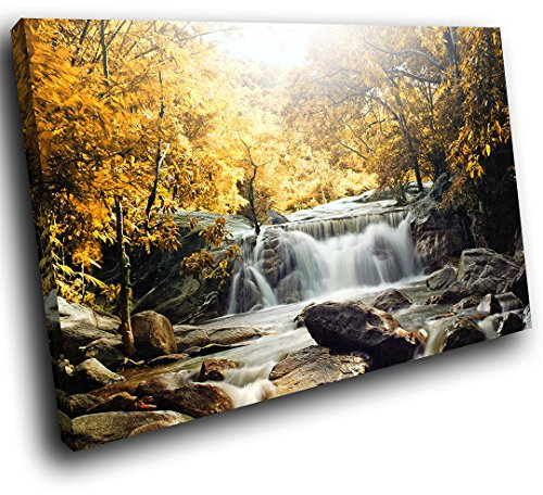 SC438SC Framed Canvas Prints Colourful Wall Art - Yellow Forest Waterfall Cool - Modern Scenic Living Room Bedroom Piece Home Decor Interior Design Easy Hang Guide