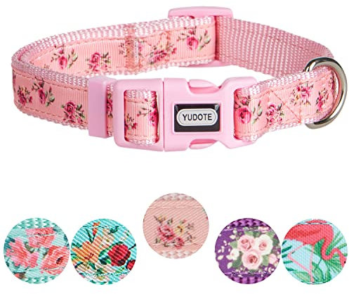 YUDOTE Verstellbares Rosa Nylon-Hundehalsband Klein mit Blume Gemustertem Band für Aktive Hündin Nackengröße 25-38cm