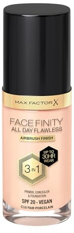 Max Factor Facefinity All Day Flawless 3 in 1 Foundation in 10 Fair Porcelain- Primer, Concealer & Foundation in einem - Für ein perfekt mattiertes Finish, 30 ml